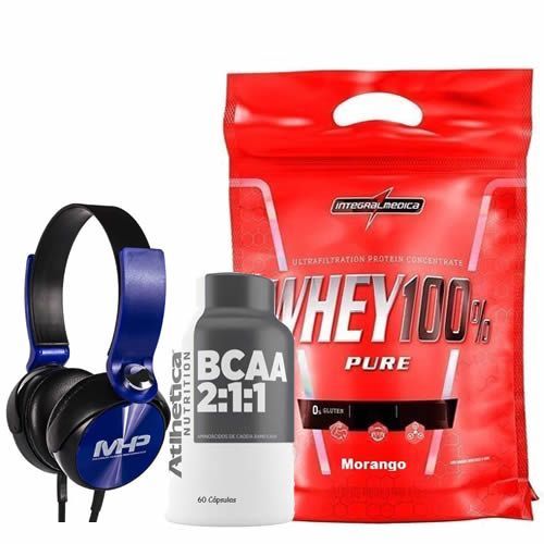 Whey 100% Pure - 907g Morango + Bcaa 60 C�psulas + Fone de Ouvido Azul - MHP
