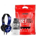 Whey 100% Pure - 907g Morango + Bcaa 60 C�psulas + Fone de Ouvido Azul - MHP