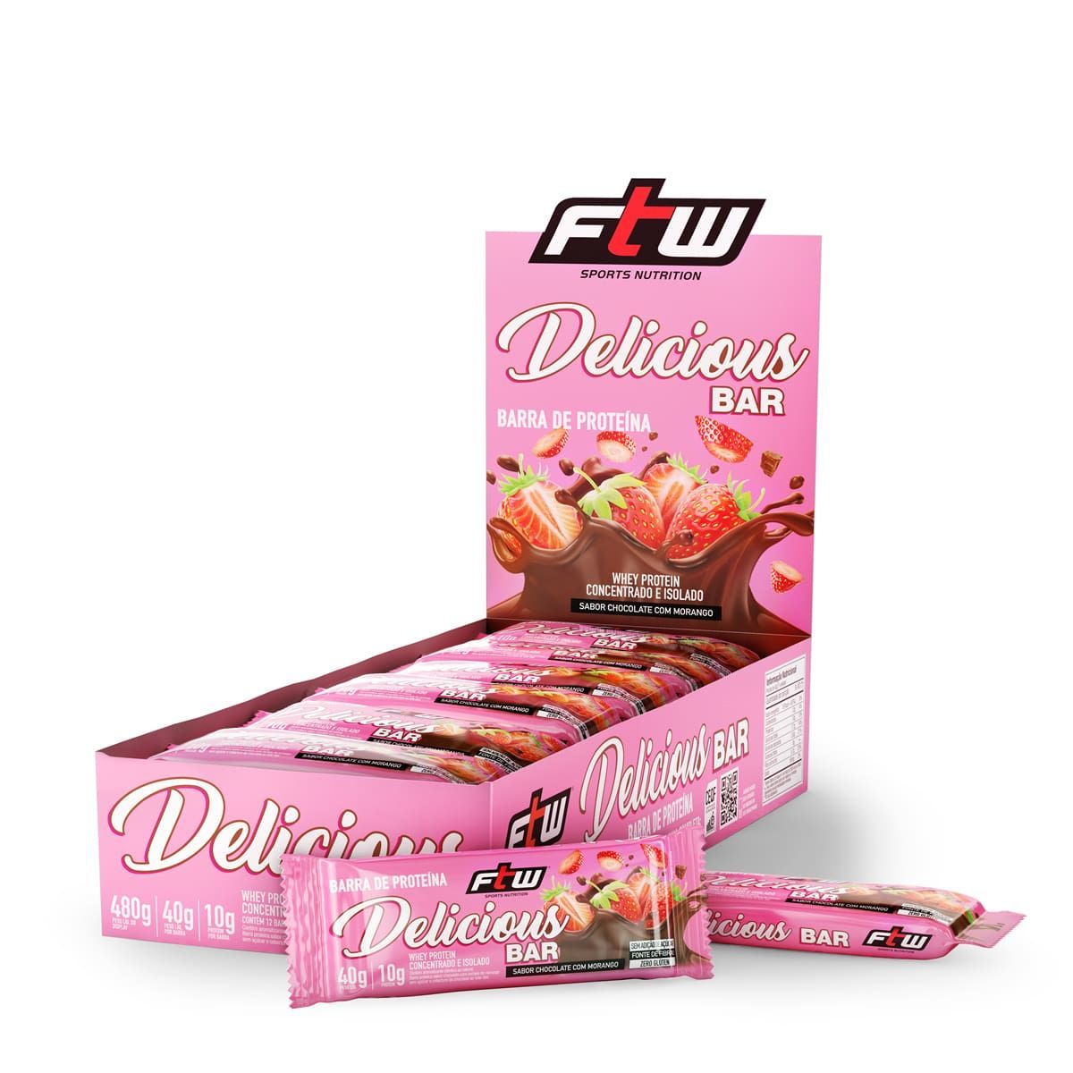 Whey Bar Delicious - 12 unidades de 40g Chocolate com Morango - FTW*** Data Venc. 20/06/2025