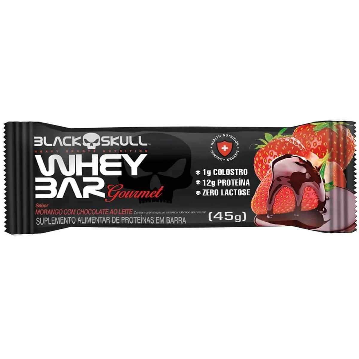 Whey Bar Gourmet - 1 Unidade 45g Morango com Chocolate - Black Skull
