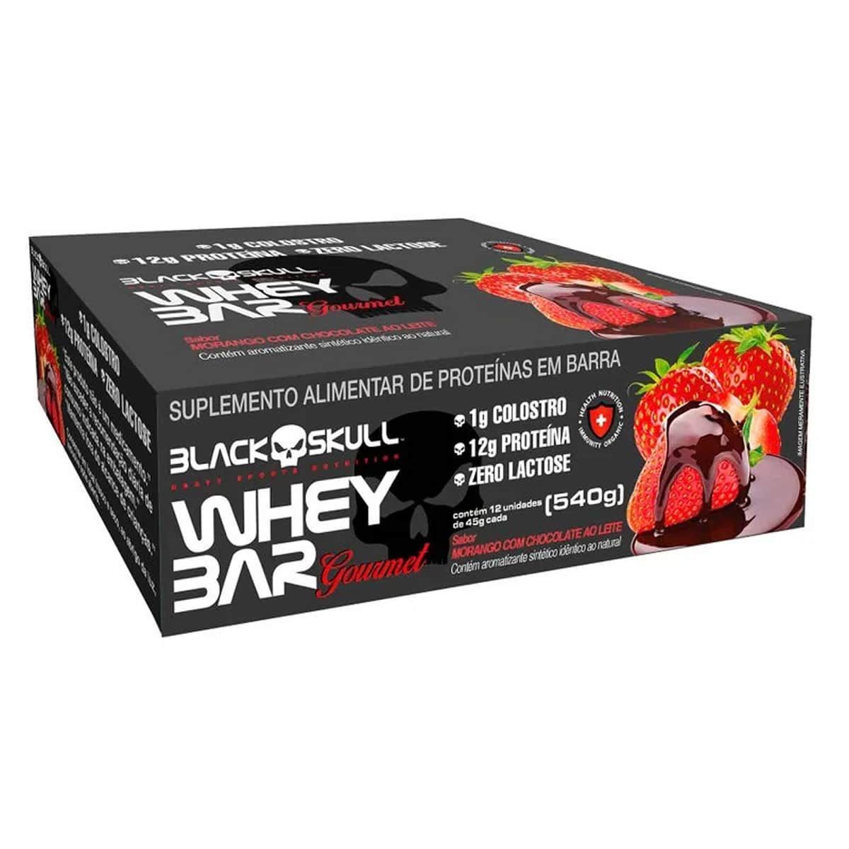 Whey Bar Gourmet - 12 Unidades 45g Morango com Chocolate - Black Skull