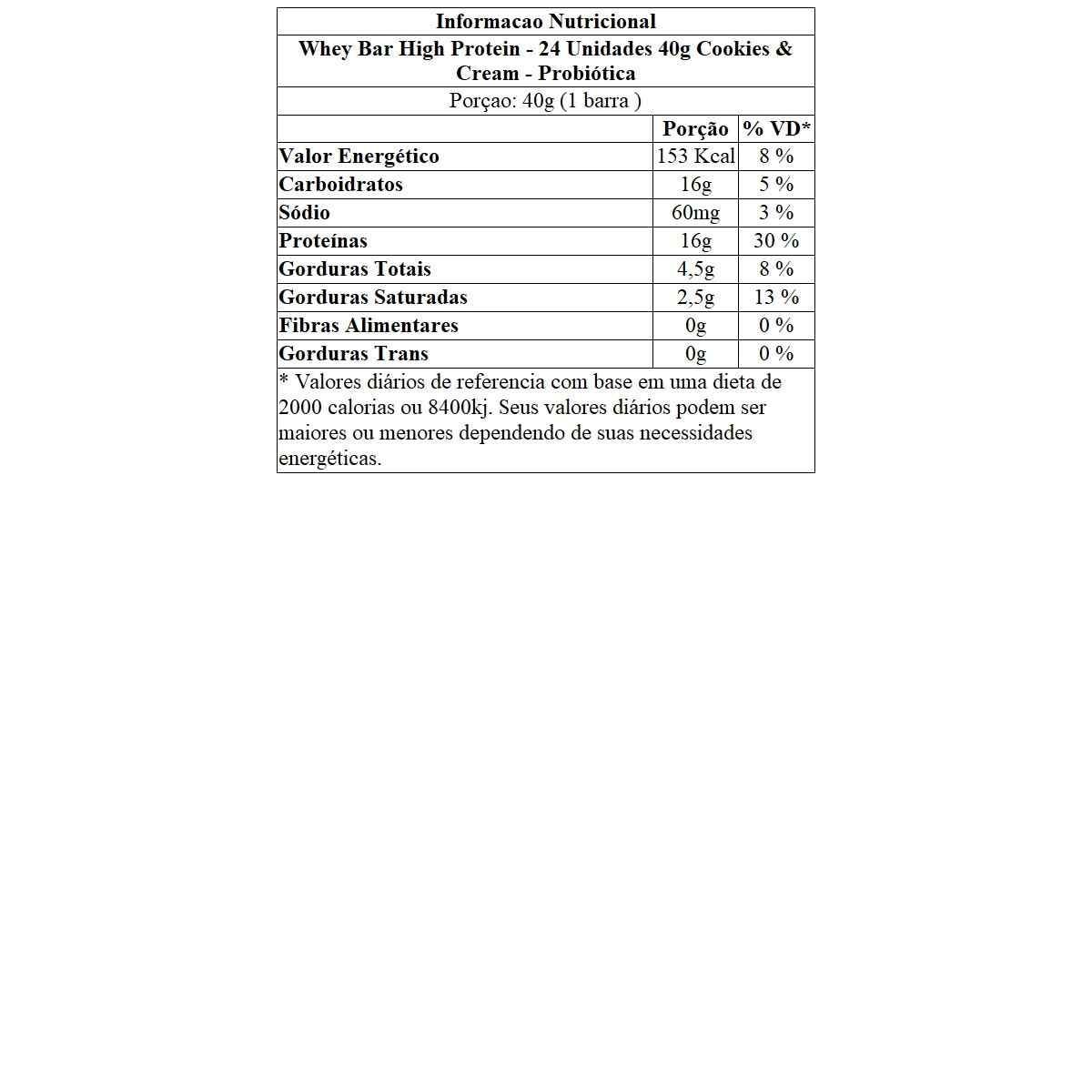 Whey Bar High Protein - 24 Unidades 40g Cookies & Cream - Probi�tica