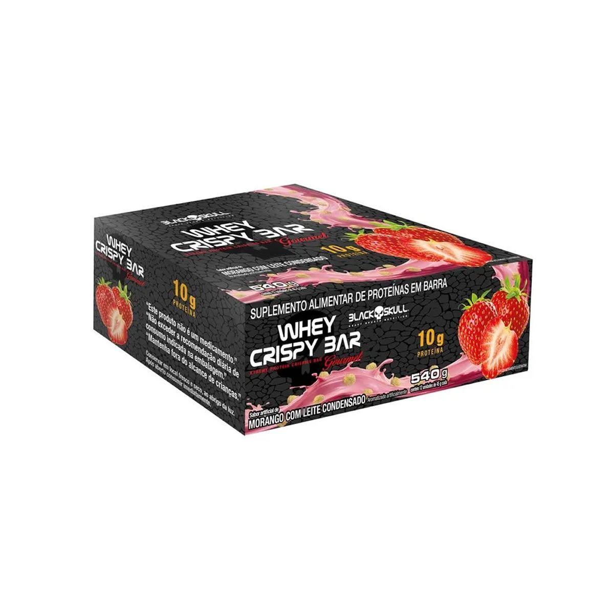 Whey Crispy Bar - 12 Unidades 45g Morango c Leite Condensado - Black Skull
