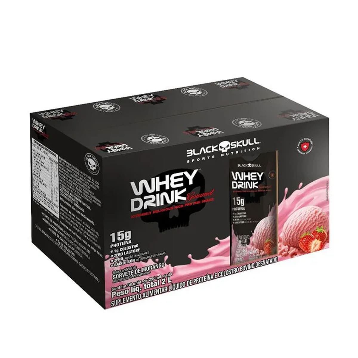Whey Drink Gourmet - 8 Unidades 250ml Morango - Black Skull