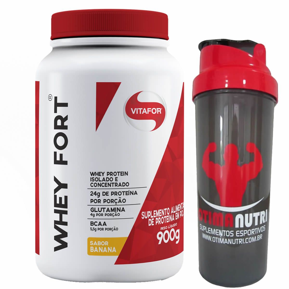 Whey Fort 900g Banana Vitafor + Coqueteleira OtimaNutri