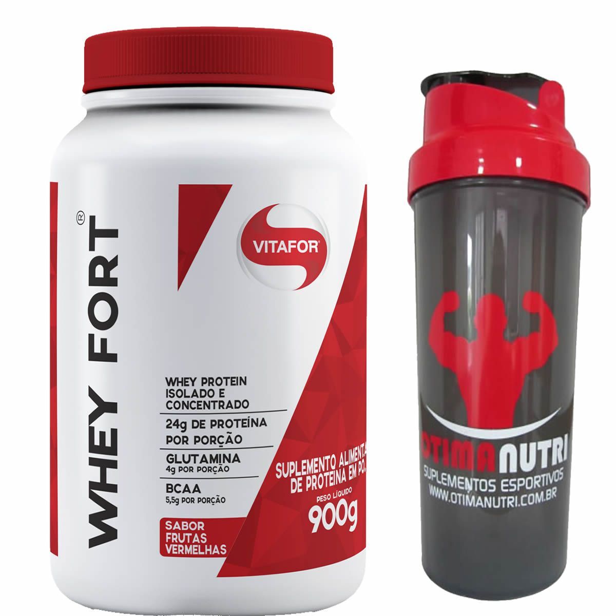 Whey Fort 900g Frutas Vermelhas Vitafor + Coqueteleira OtimaNutri