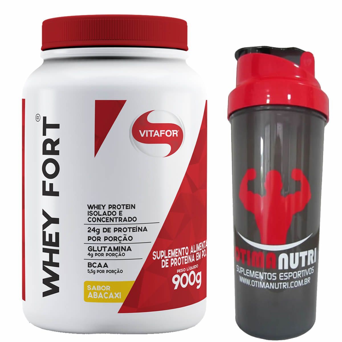 Whey Fort  900g Abacaxi Vitafor + Coqueteleira OtimaNutri