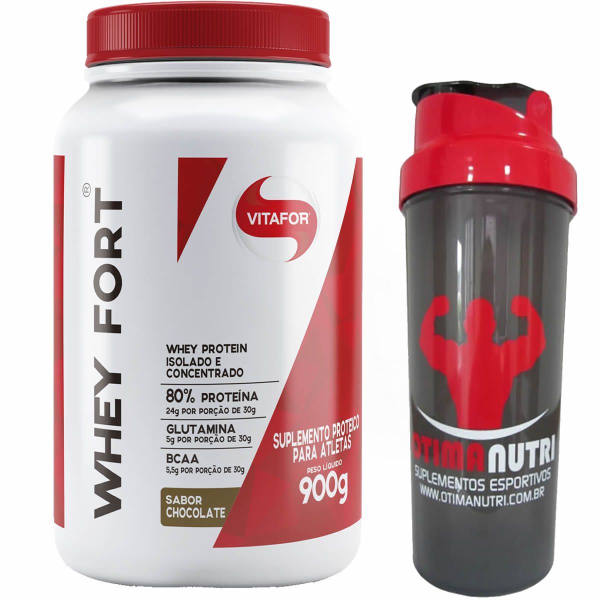 Whey Fort Chocolate 900g Vitafor + Coqueteleira OtimaNutri