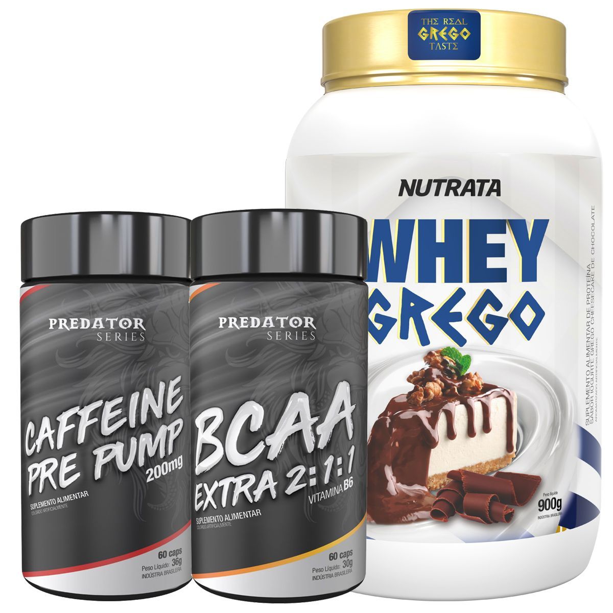 Whey Grego 900g Cheesecake de Chocolate + Caffeine 60 C�psulas + BCAA 60 C�psulas - Nutrata