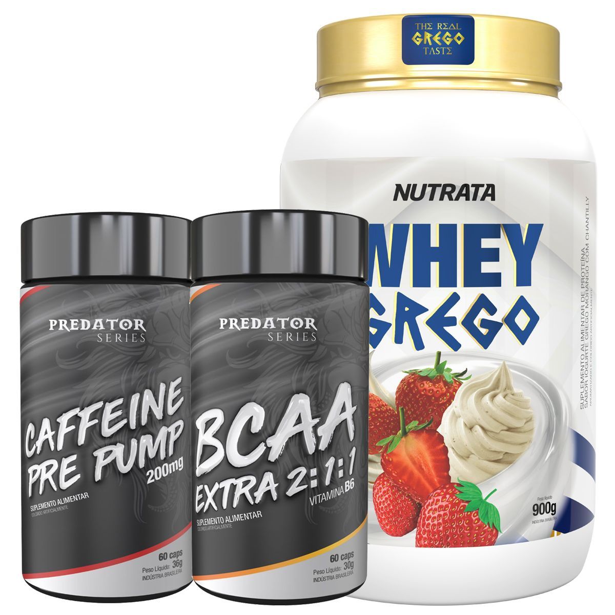 Whey Grego 900g Morango com Chantilly + Caffeine 60 C�psulas + BCAA 60 C�psulas - Nutrata