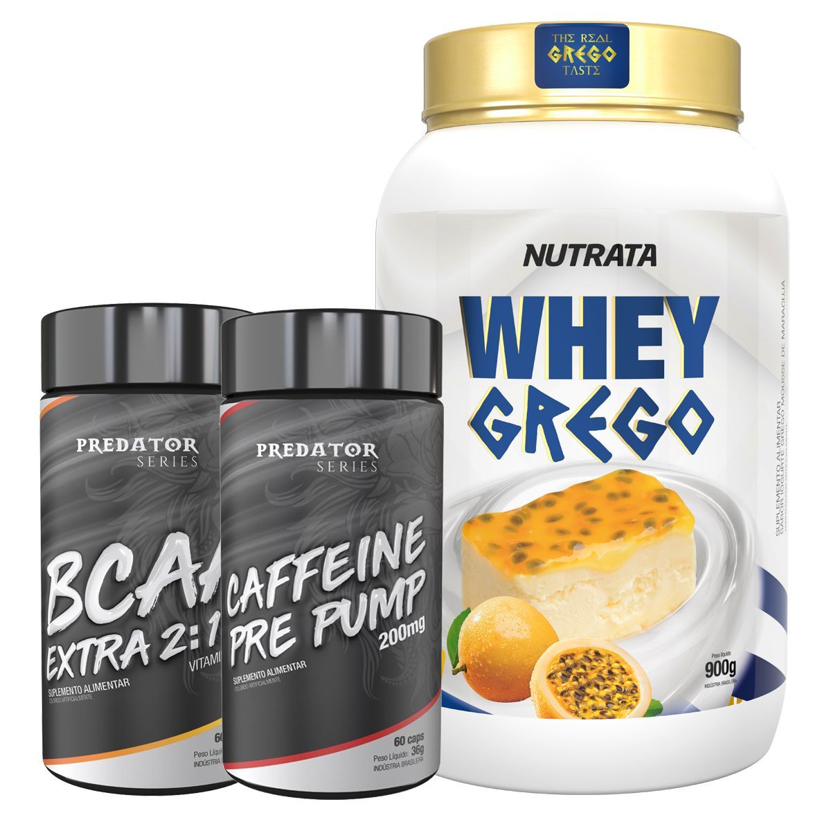 Whey Grego 900g Mousse de Maracuj� + Caffeine 60 C�psulas + BCAA 60 C�psulas - Nutrata