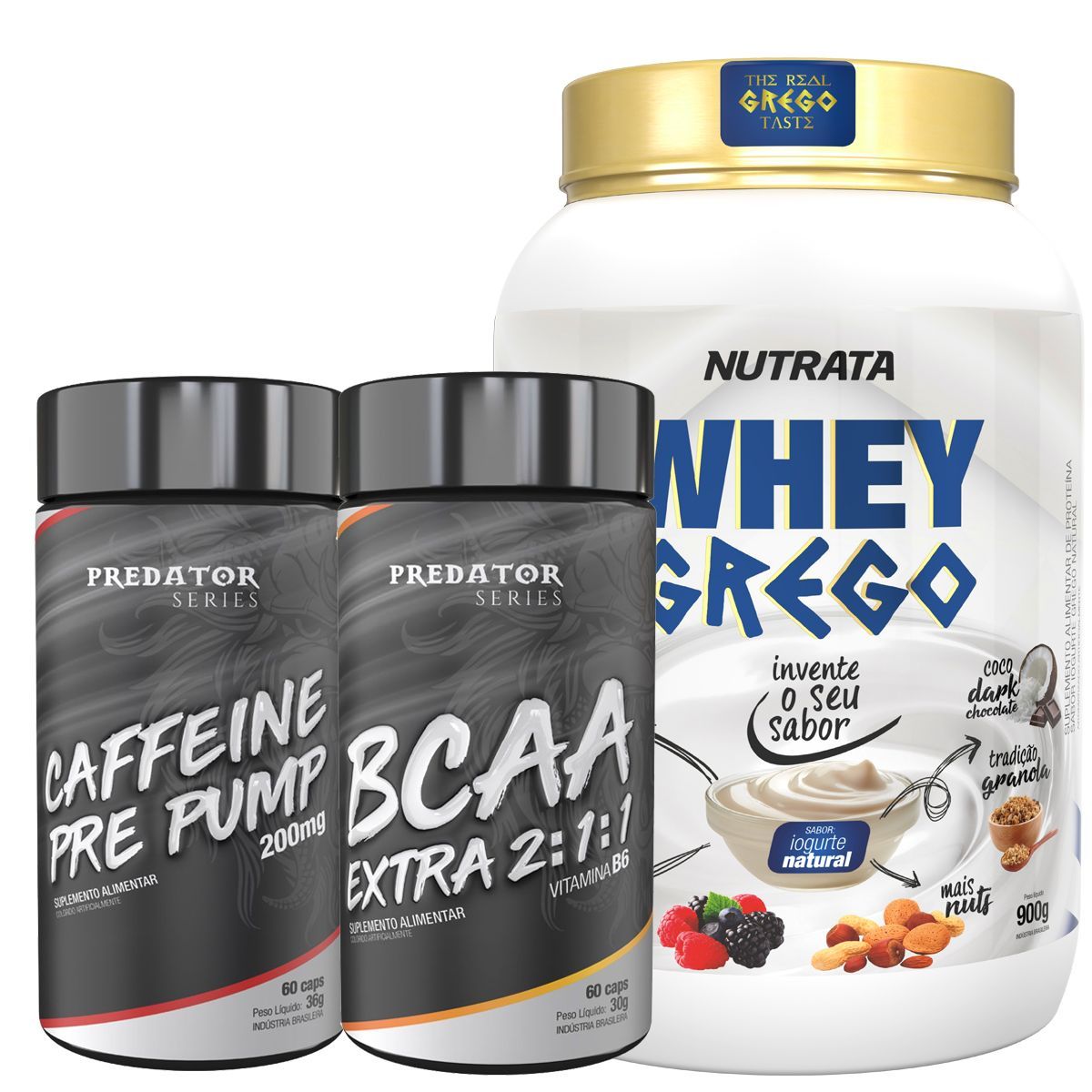 Whey Grego 900g Natural + Caffeine 60 C�psulas + BCAA 60 C�psulas - Nutrata