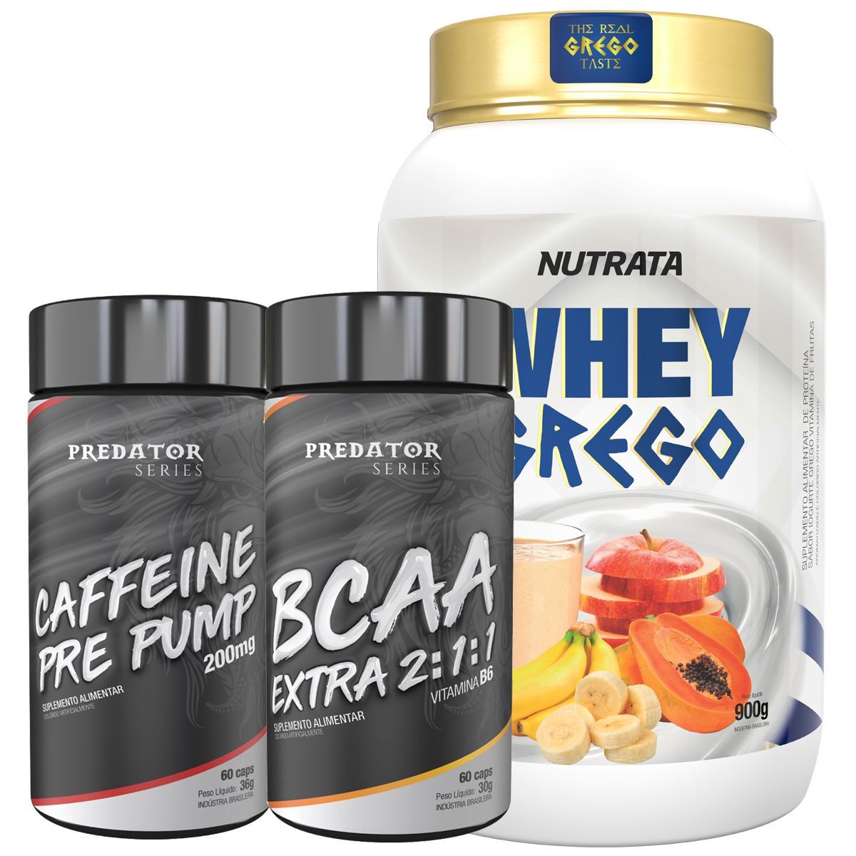Whey Grego 900g Vitamina de Frutas + Caffeine 60 C�psulas + BCAA 60 C�psulas - Nutrata