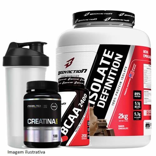 Whey Isolado 2000g Chocolate + BCAA 200 caps + Creatina 180 caps + Coqueteleira - BodyAction