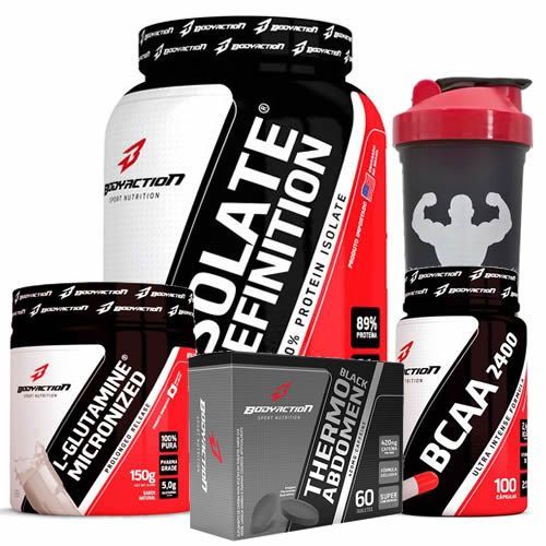 Whey Isolate 900g Baunilha + BCAA 100 C�psulas + L-Glutamine 150g + Thermo Abdomen Black 60 Tabs + Coqueteleira 600ml - Body Action