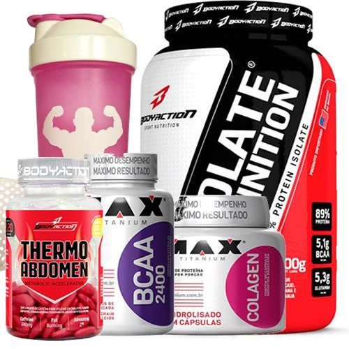 Whey Isolate 900g Chocolate + BCAA 200 C�ps + Colagen 100 C�ps + Thermo Abdomen - 120 Tab + Coqueteleira - Body Action