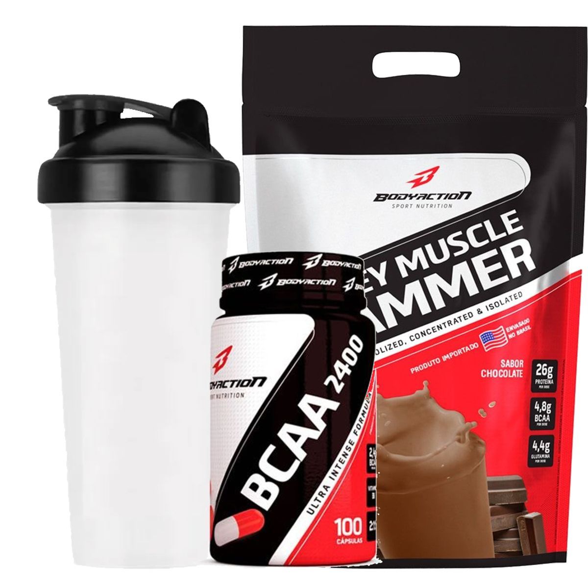 Whey Muscle Hammer - 900g Chocolate + BCAA 100 C�psulas + Coqueteleira 600ml - OtimaNutri