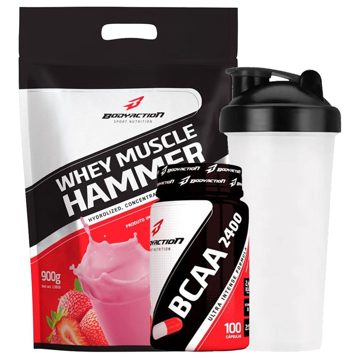 Whey Muscle Hammer - 900g Morango + BCAA 100 C�psulas + Coqueteleira 600ml - OtimaNutri