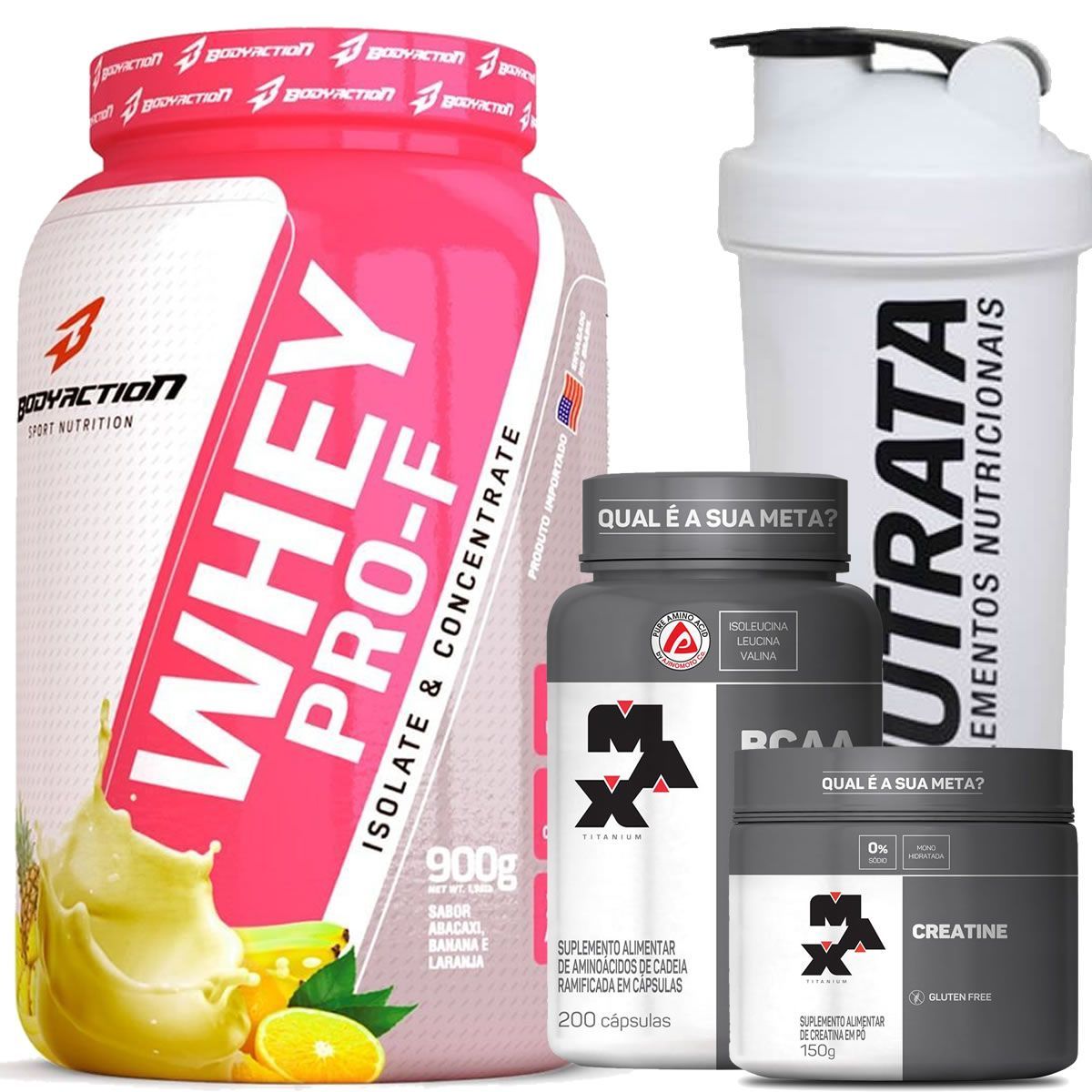Whey PRO-F 900g Frutas BodyAction + BCAA 200 C�psulas + Creatine 100g Max Titanium + Coqueteleira 600ml