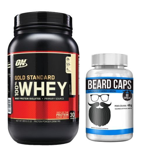 Combo Whey Protein 100% Gold Standard - Baunilha 909g - ON + Beard Caps - 60 C�psulas - Intlab