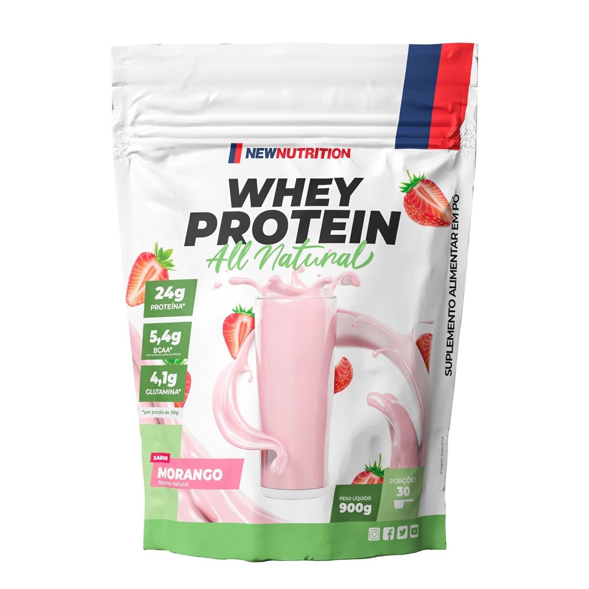 Whey Protein All Natural - 900g Refil Morango - NewNutrition