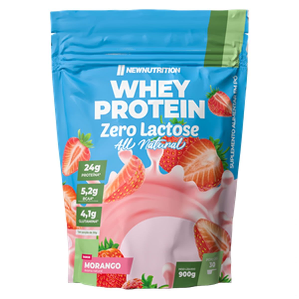 Whey Protein Zero Lactose All Natural - 900g Refil Morango - NewNutrition