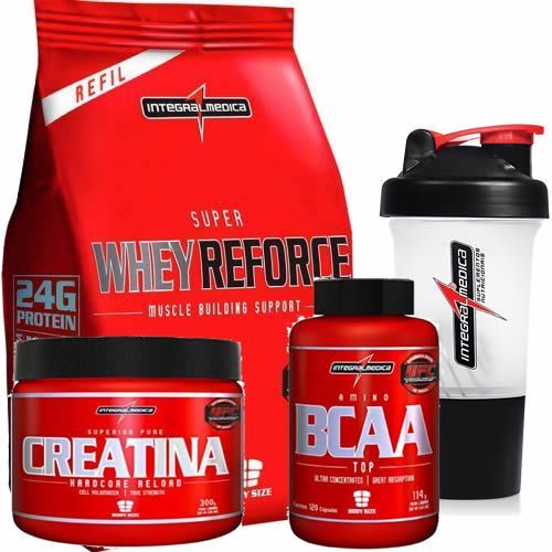Whey Reforce Baunilha 1,8g + Creatina 300g + BCAA Top 120 caps + Coqueteleira 400ml - Integralm�dica